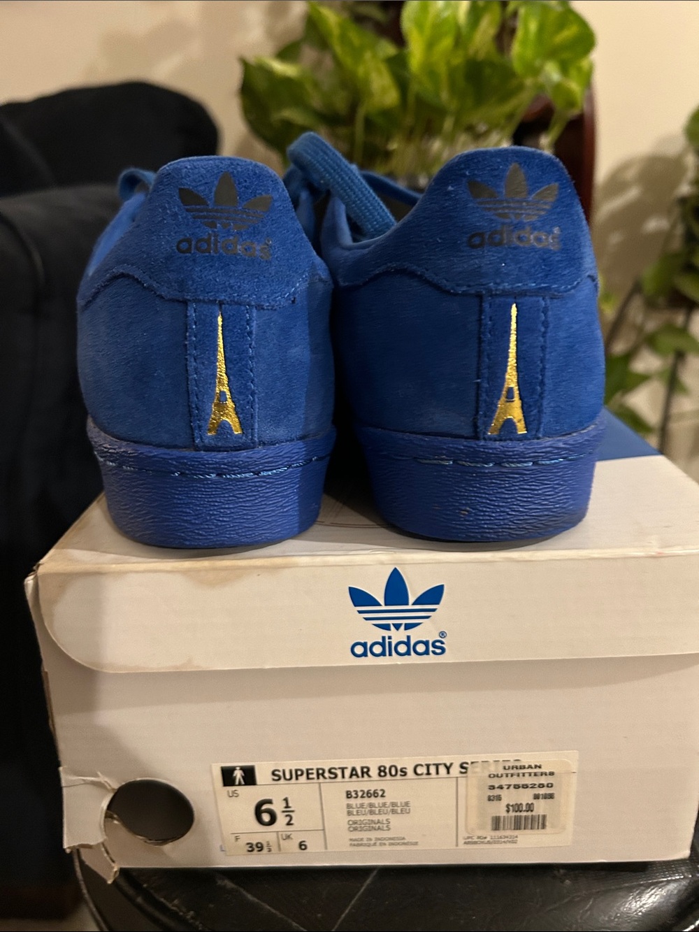 adidas Blue Suede Superstar Shoes with Gold Eiffel Detail